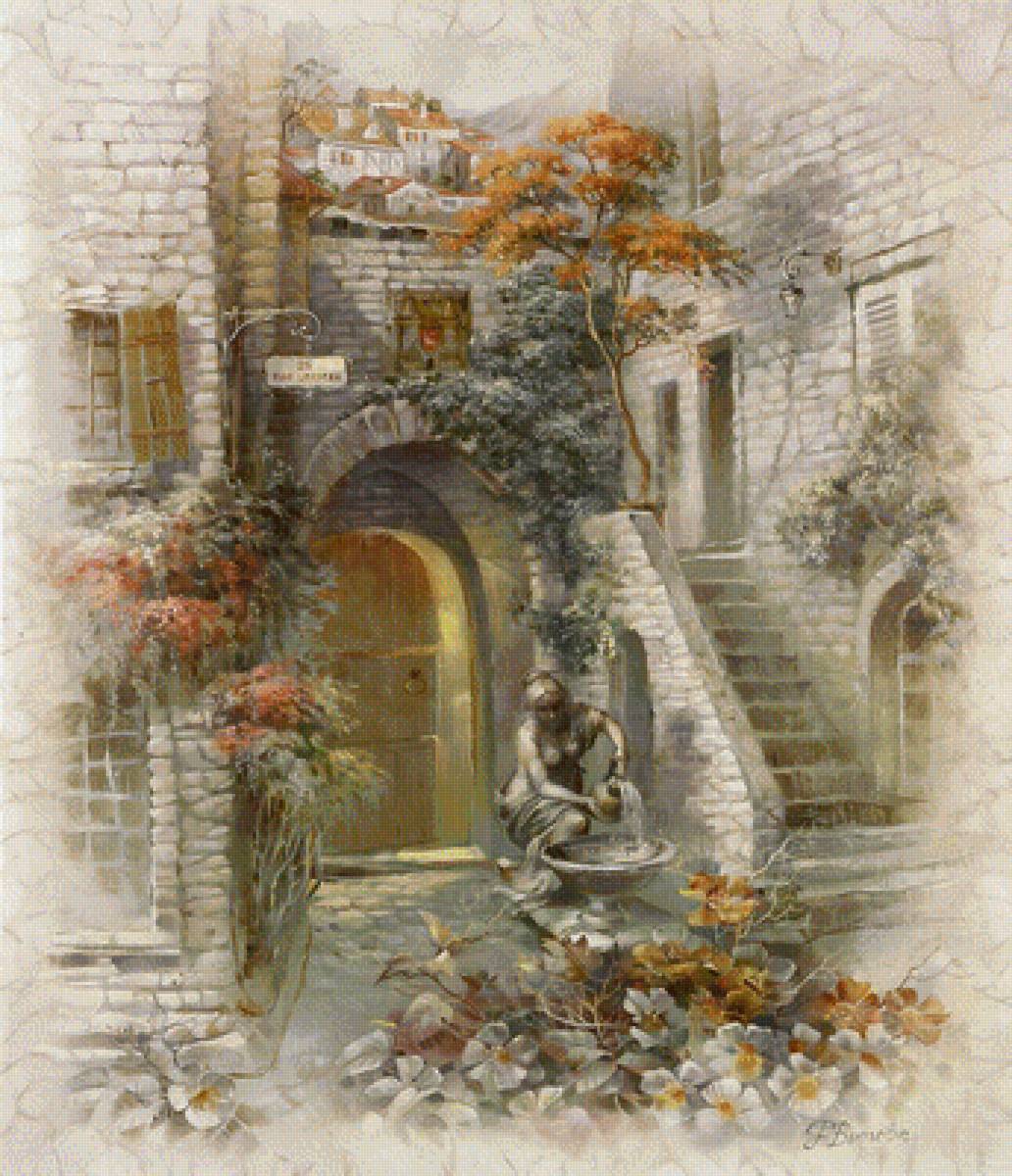 Итальянский дворик - дом, цветы, дверь, лестница, фонтан - предпросмотр