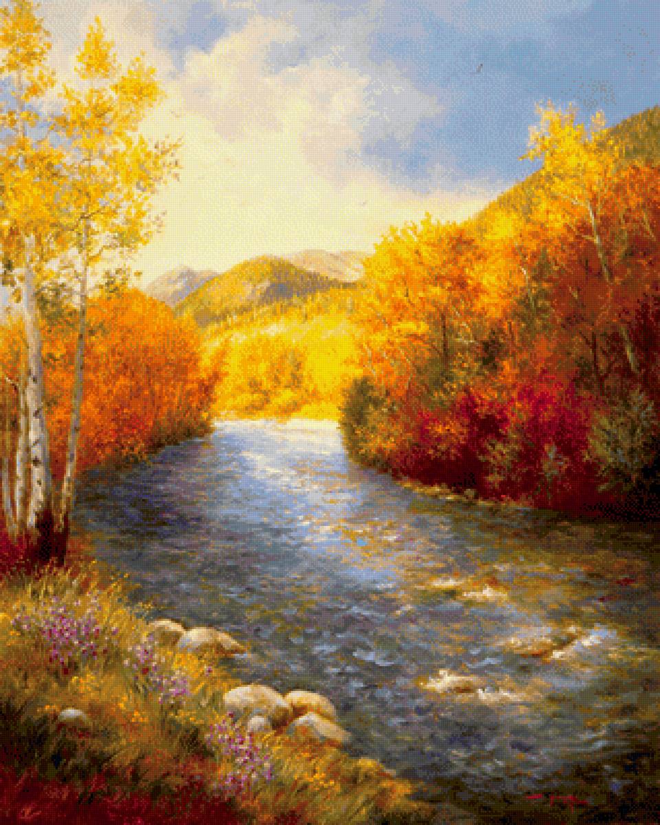 Осеннее солнце - берег, горы, деревья, осень, река - предпросмотр