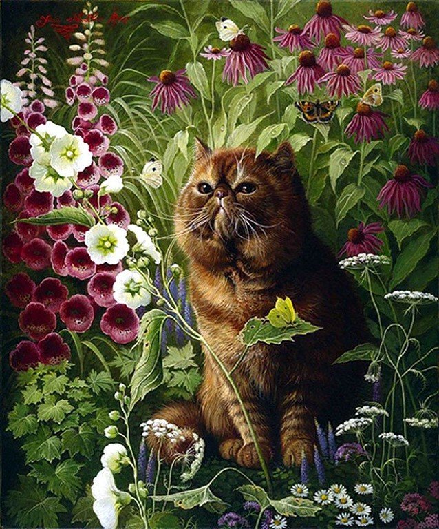 Кот в цветах - кот, бабочки, цветы - оригинал