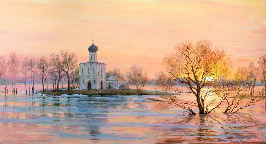 Покрова на Нерли - церковь, закат, весна, река - оригинал