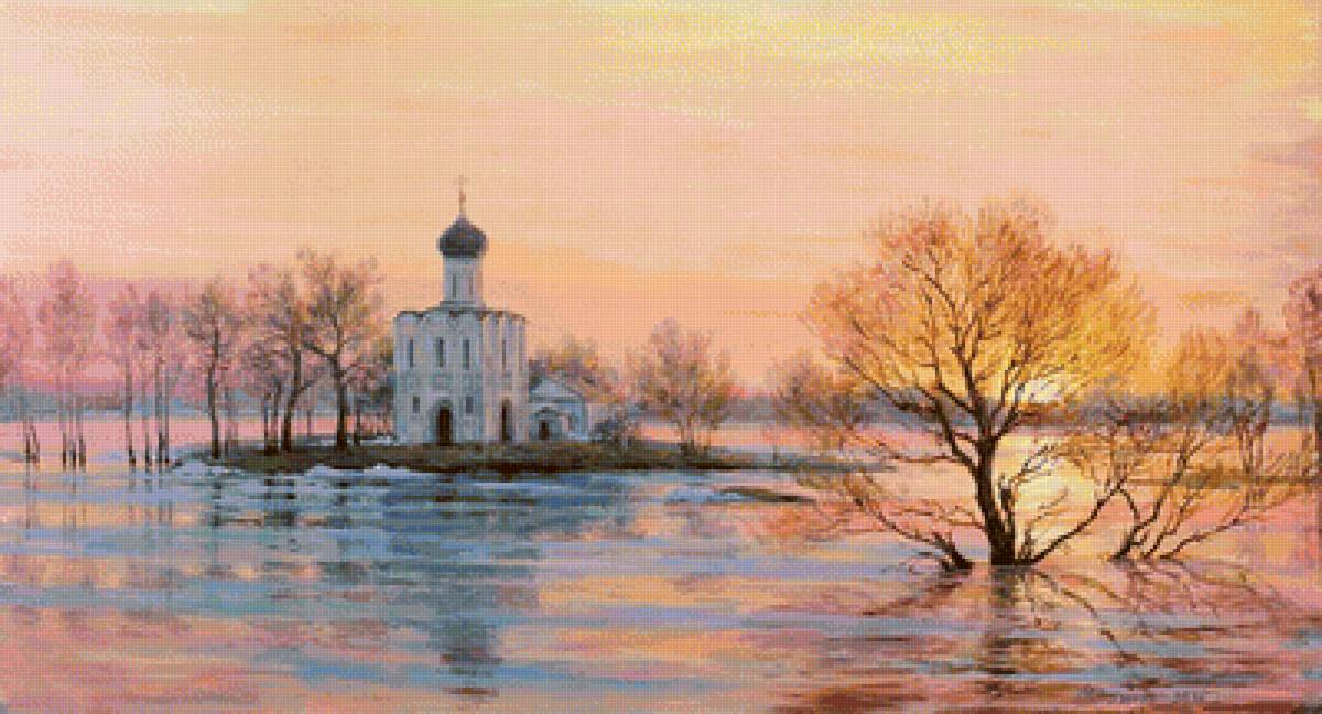 Покрова на Нерли - закат, церковь, река, весна - предпросмотр