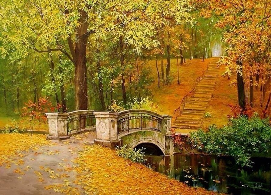 Щербаков мост - вода, мост, листья, осень, парк, деревья - оригинал