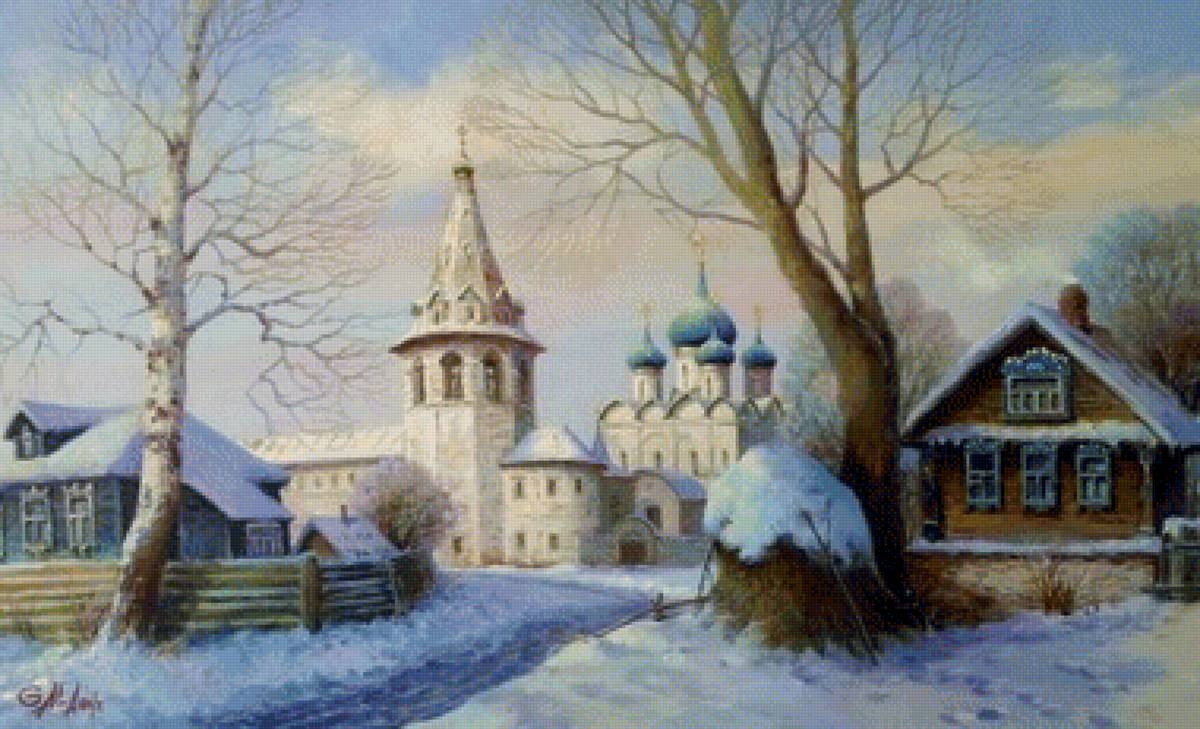 Русь - храм, небо, деревня, деревья, солнце, снег, купола, зима - предпросмотр