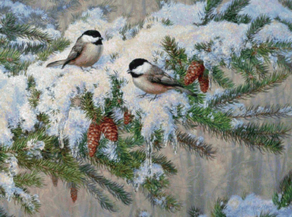 В лесу - снег, шишки, птицы, зима, сосульки, ель - предпросмотр