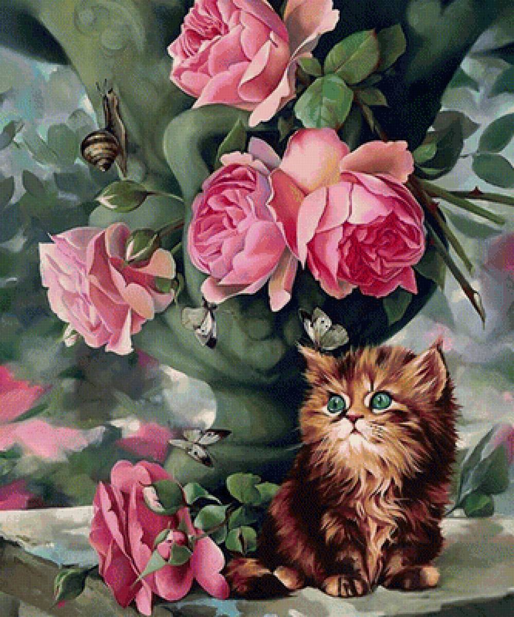 Котенок - бутон, котенок, ваза, розы - предпросмотр