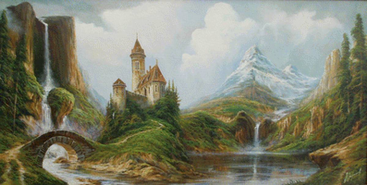 Замок - замок, мост, водопад, природа, горы, вода - предпросмотр