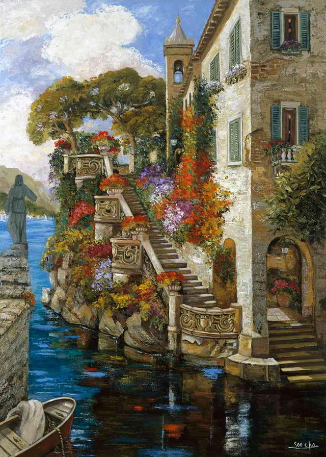 Великолепная Италия - море, город, лестница, арка, цветы, скульптура - оригинал