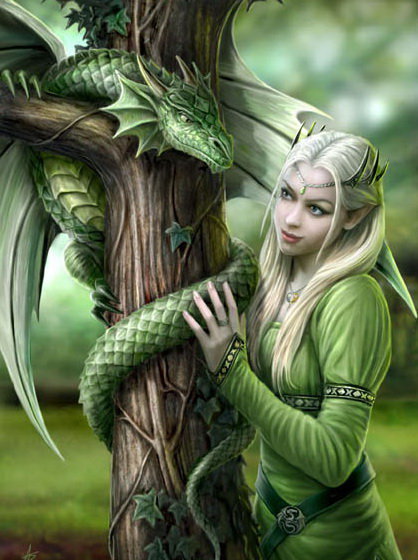 эльф и дракон (299х400, 120 цв) - девушка, красота, фентези, эльф, картина, дракон - оригинал