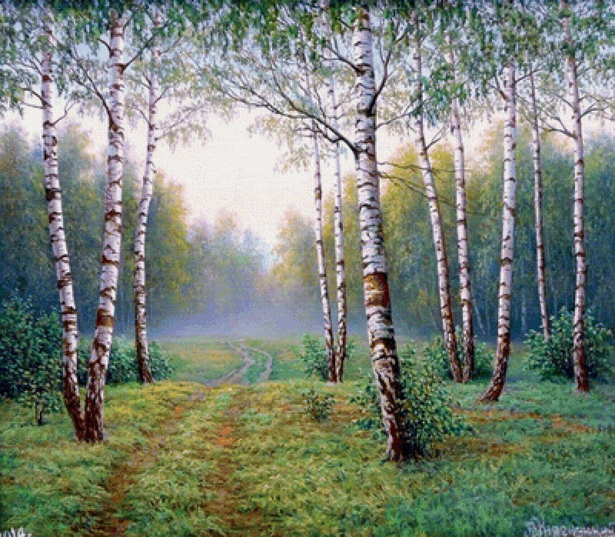 рассвет в лесу - живопись, природа, пейзаж, картина - предпросмотр