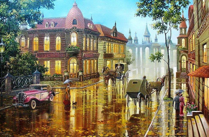 Дождливый вечер - город, зонт, дождь, дорога, люди, автомобиль, дома - оригинал