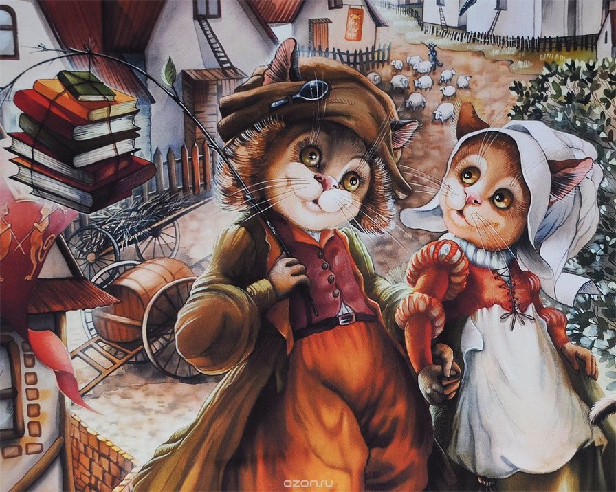Кот и кошка - город, рисунок, коты - оригинал