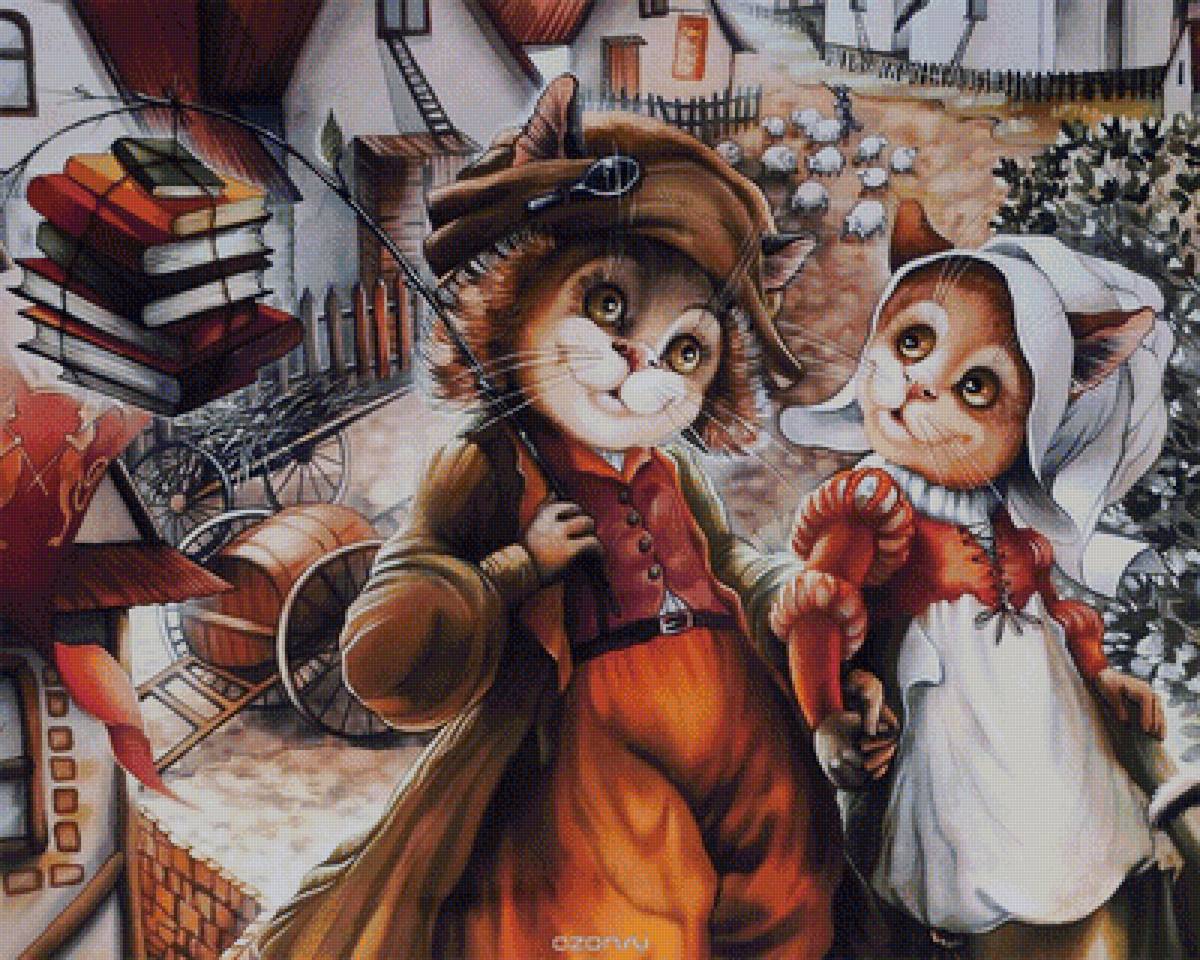 Кот и кошка - коты, город, рисунок - предпросмотр