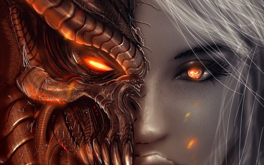 две стороны - демон, монстр, девушка, волшебство - оригинал