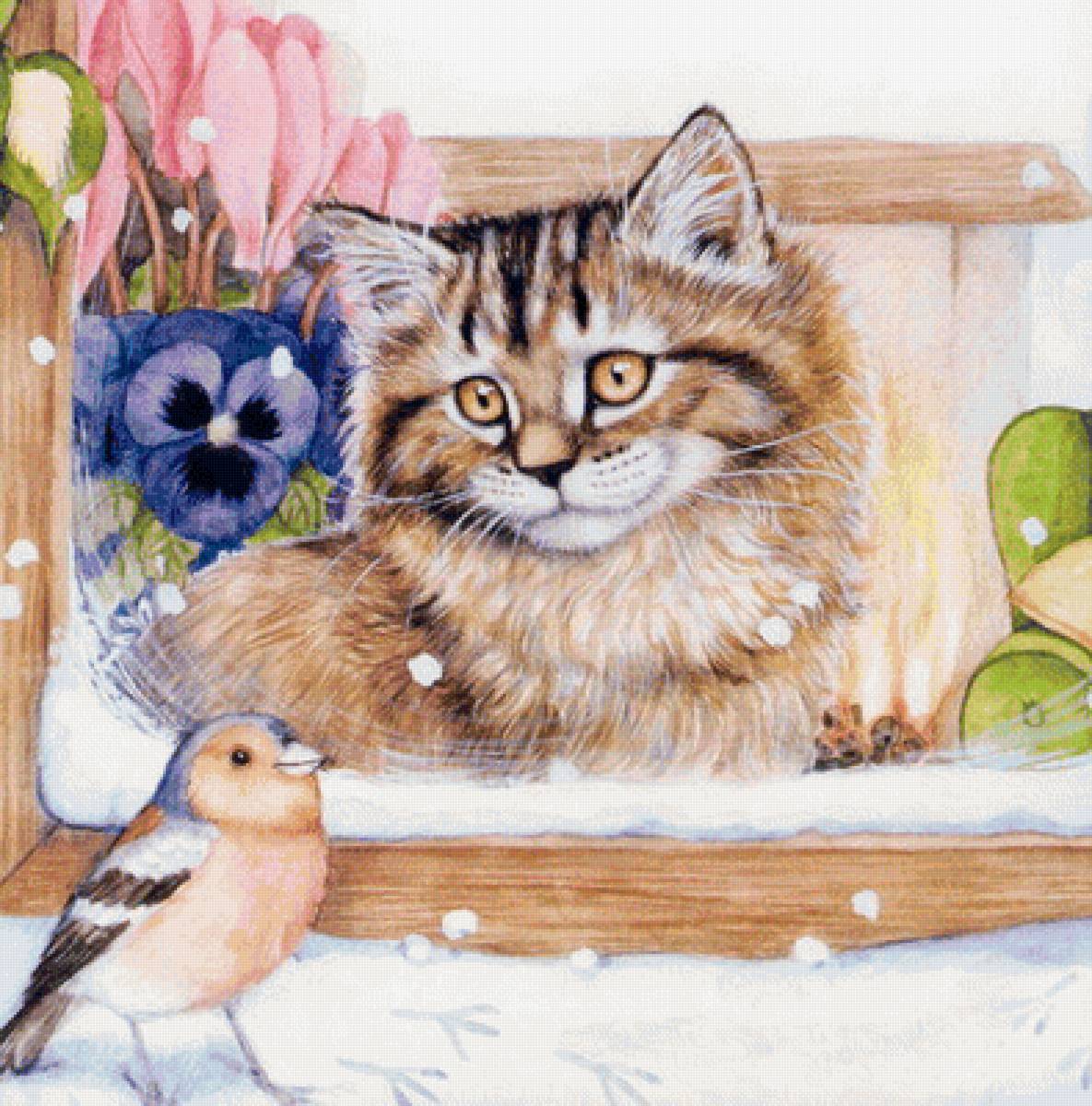 Мир животных - окно, птица, зима, кот, животное - предпросмотр