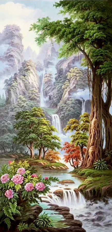 пейзаж - пейзаж, цветы, водопад - оригинал