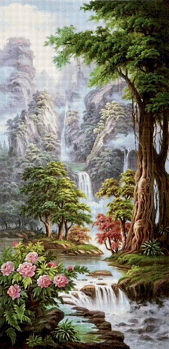 пейзаж - пейзаж, цветы, водопад - предпросмотр