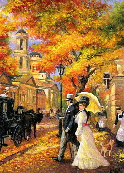 теплая осень - осень, пейзаж, люди, картина - оригинал