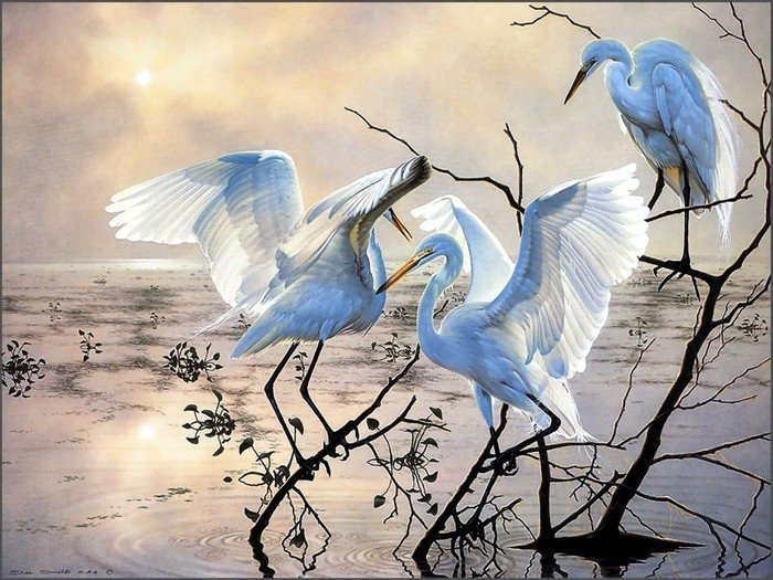 Журавлиная песнь - птицы, река, закат - оригинал