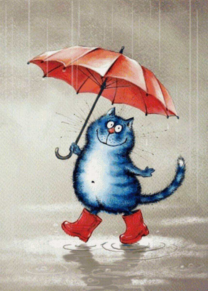 Синий кот под зонтом - синие коты, зонт, дождь - предпросмотр