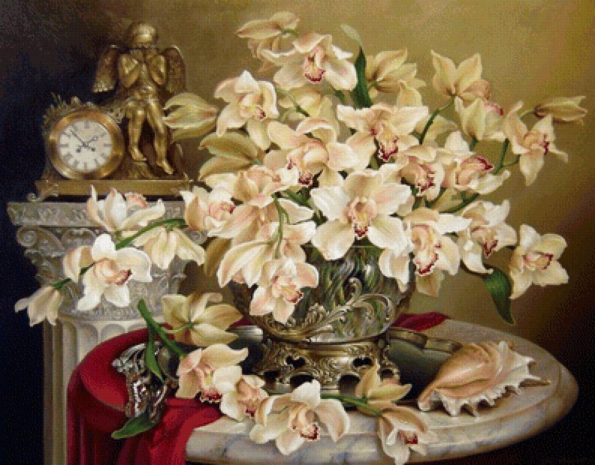 Орхидеи - натюрморт, ваза, цветы, часы, ракушка, бабочки - предпросмотр