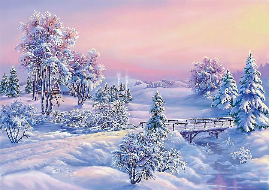Краски зимы - деревня, мостик, зима, ели, снег, заря - оригинал