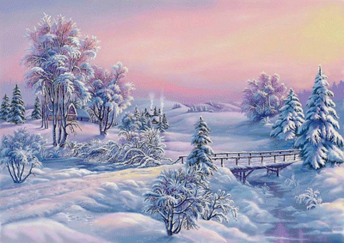 Краски зимы - деревня, ели, зима, заря, снег, мостик - предпросмотр