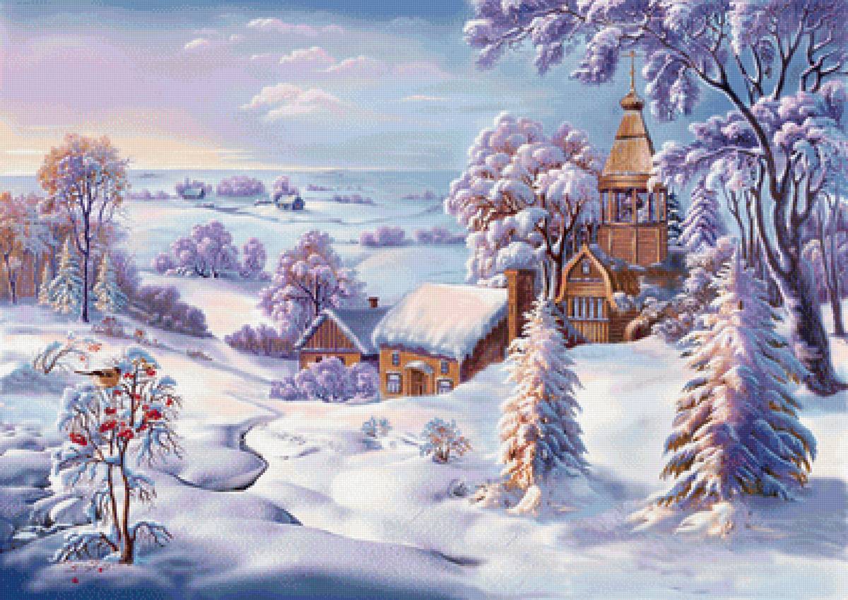 Красавица зима - птицы, храм, зима, снег, деревья, простор - предпросмотр