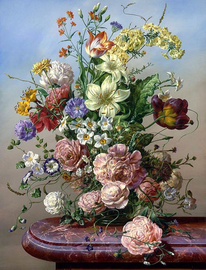 Букет на голубом фоне - цветы, живопись - оригинал