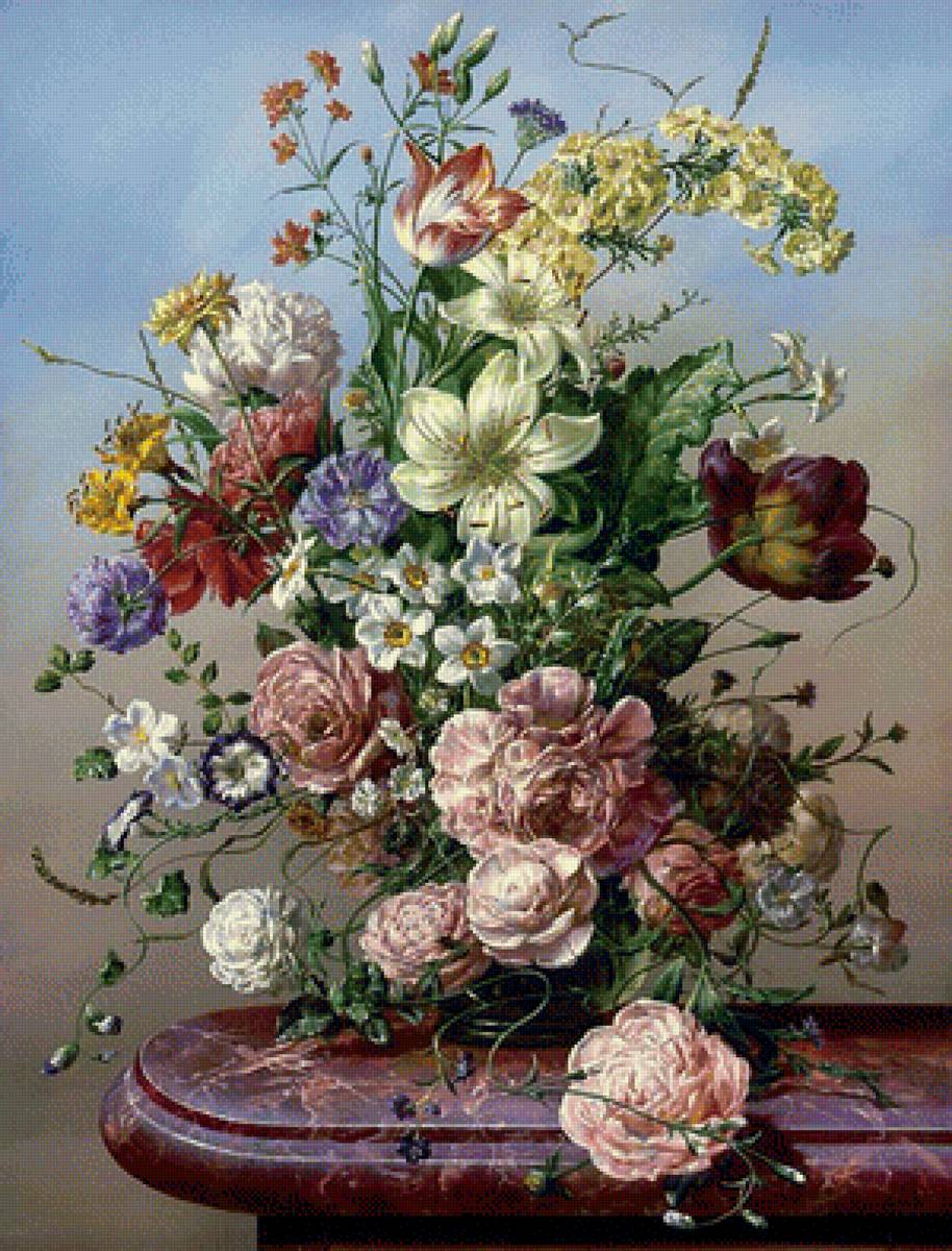 Букет на голубом фоне - цветы, живопись - предпросмотр