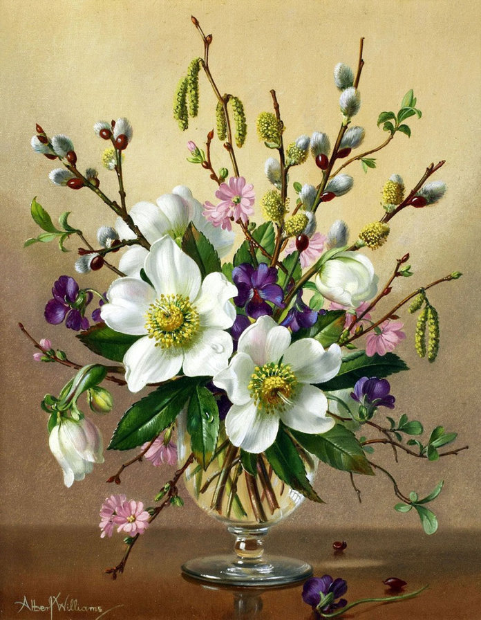 Весенний букет - ваза, береза, верба, цветы - оригинал