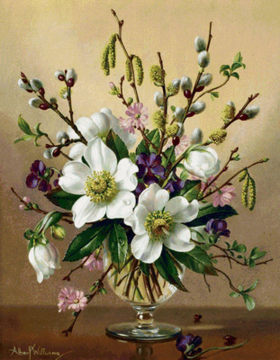 Весенний букет - береза, верба, цветы, ваза - предпросмотр