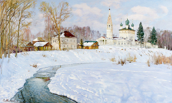 Монастырь - храм, река, деревня, ели, зима - оригинал