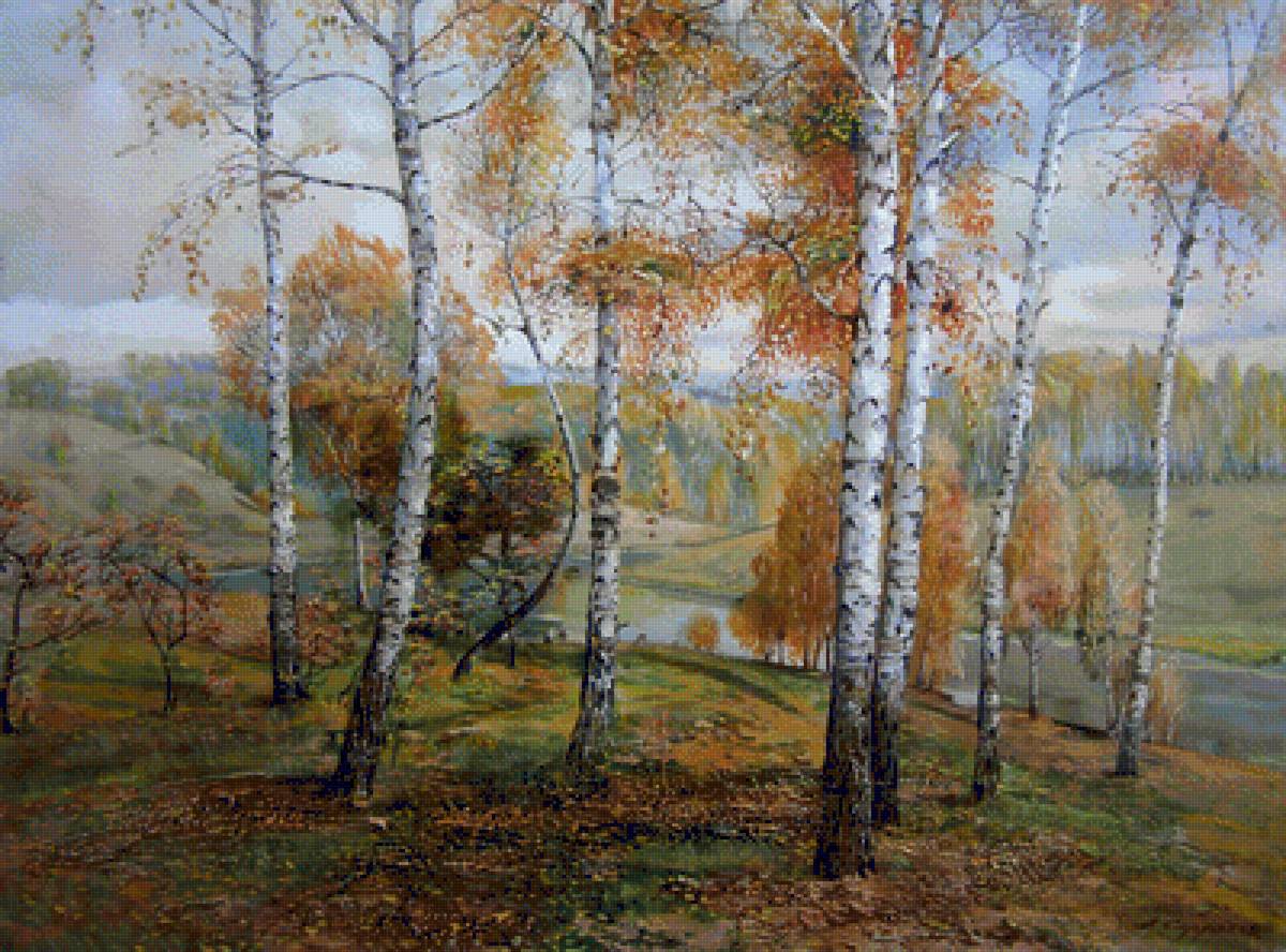 Тихая осень - листья, река, березы, осень, облака - предпросмотр