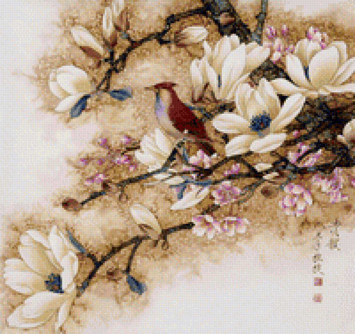 Магнолия - птицы, цветы - предпросмотр