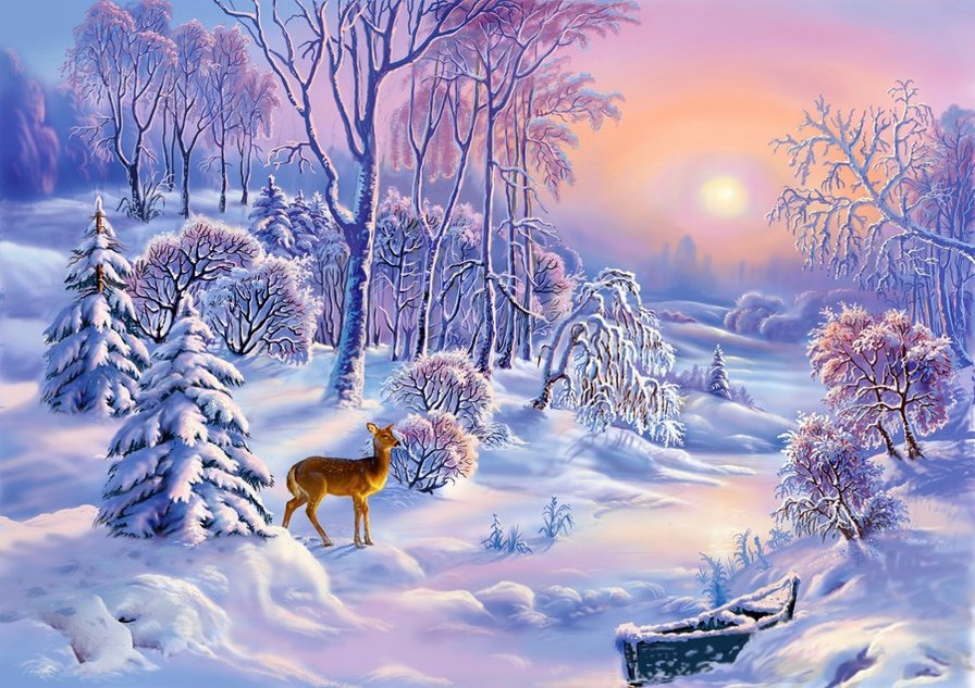 Сказочная зима - животные, лодка, зима, зарево, сугробы, ель, река, лес - оригинал