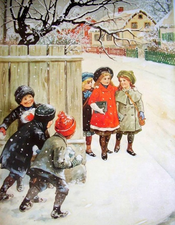 зимние забавы - пейзаж, дети, картина, зима - оригинал