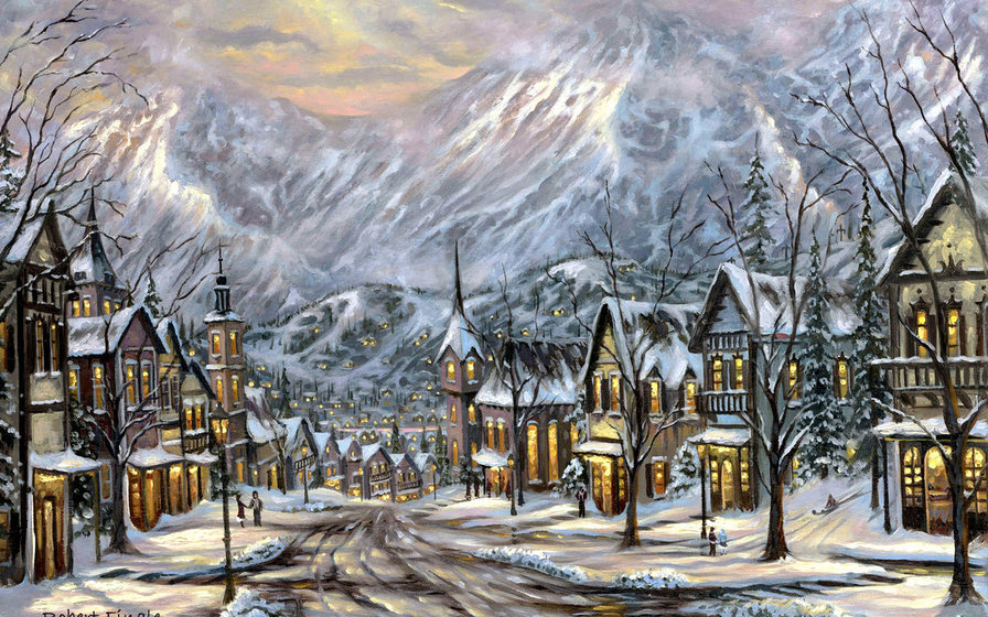 Австрийская зима. - зима, улица, огни, город, горы, живопись - оригинал