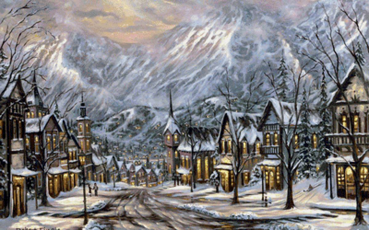 Австрийская зима. - улица, зима, горы, огни, живопись, город - предпросмотр