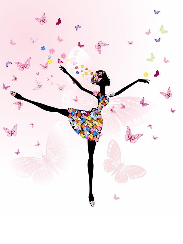 балерина с цветами - балерина, бабочки, балет, танец, силуэт - оригинал