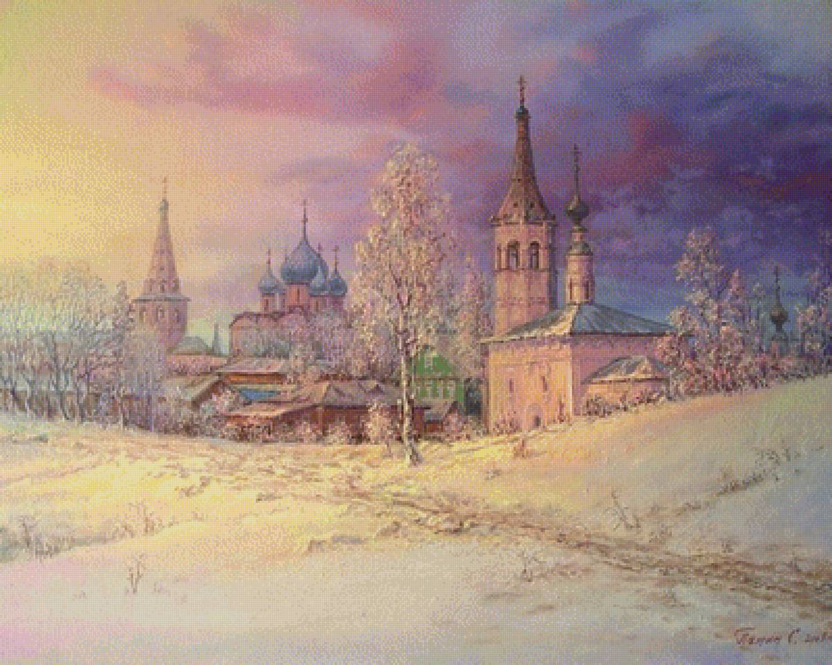 Зимний закат - дорожка, деревья, снег, храм, дома, зима - предпросмотр