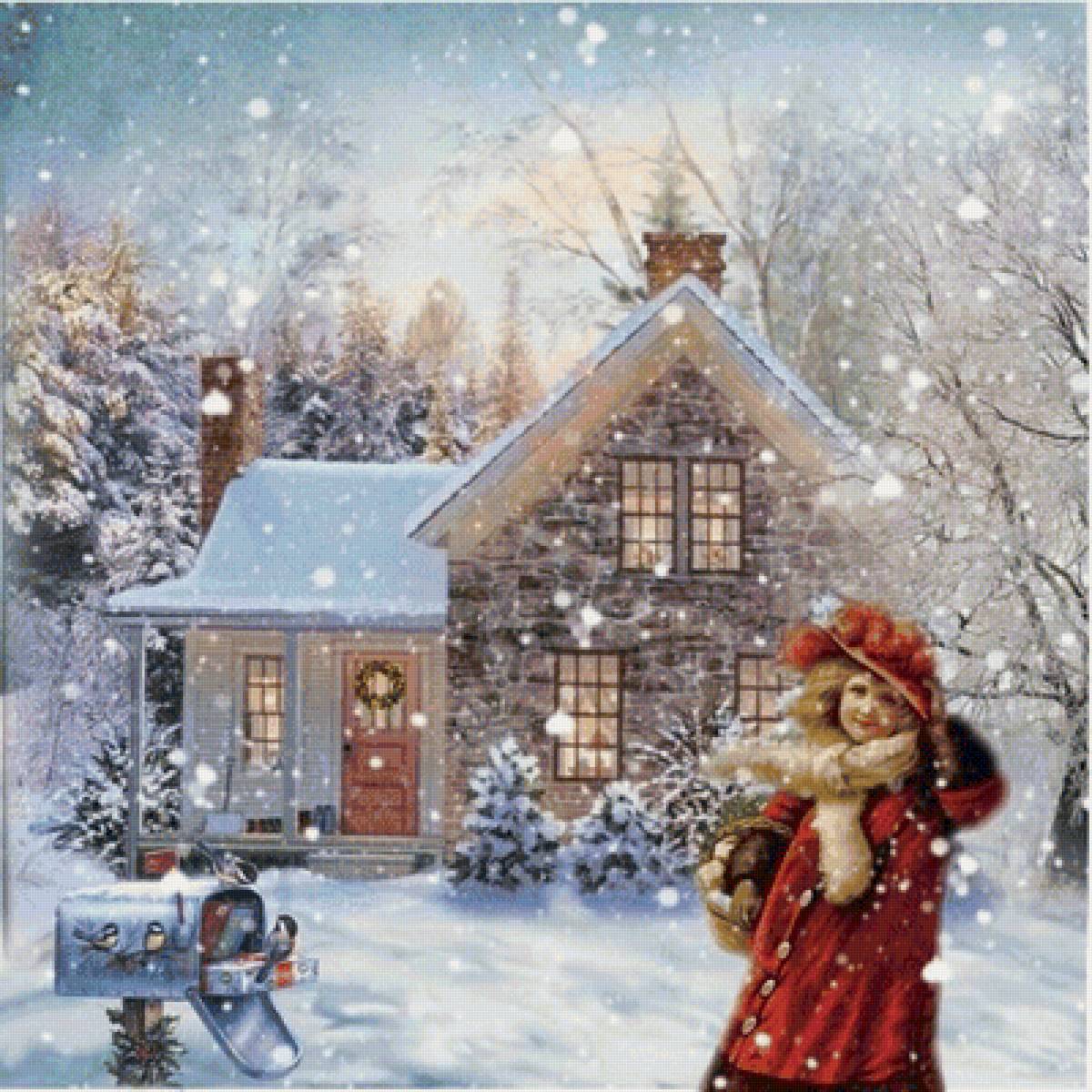 снегопад - пейзаж, зима, картина - предпросмотр