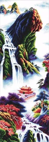 Туманное утро - восток, горы, водопад - оригинал