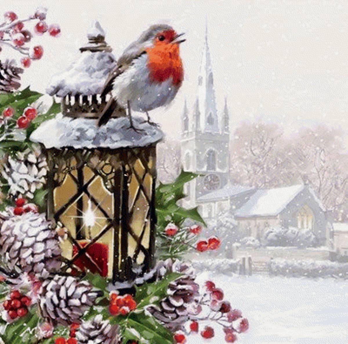 птичка у фоноря - пейзаж, зима, природа - предпросмотр