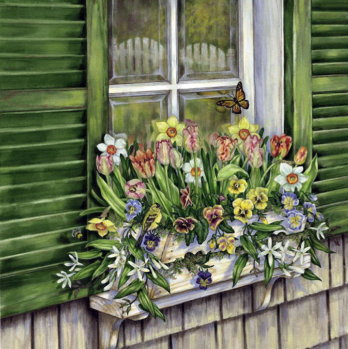 Украшение окна - дом, цветы, бабочки, птицы, отражение, окно - оригинал