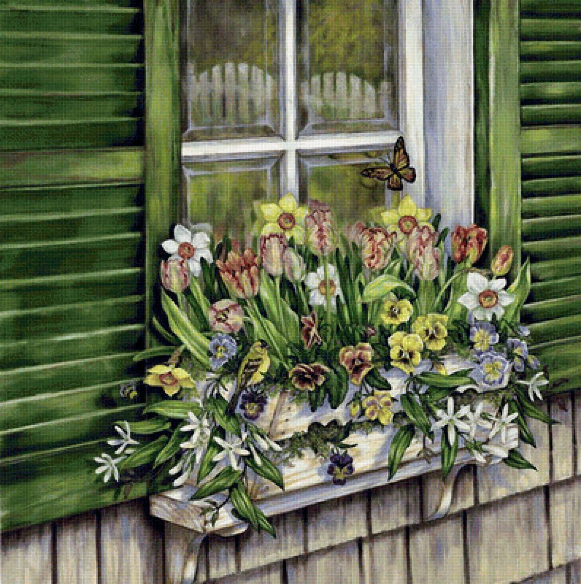 Украшение окна - цветы, бабочки, дом, отражение, птицы, окно - предпросмотр
