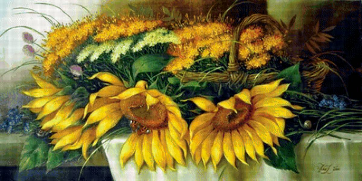 Запах лета - корзина, подсолнухи, травы - предпросмотр