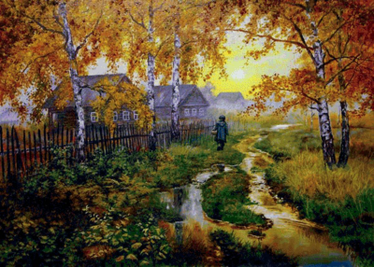 Осень в деревне - отражение, человек, осень, березы, листья, дома - предпросмотр