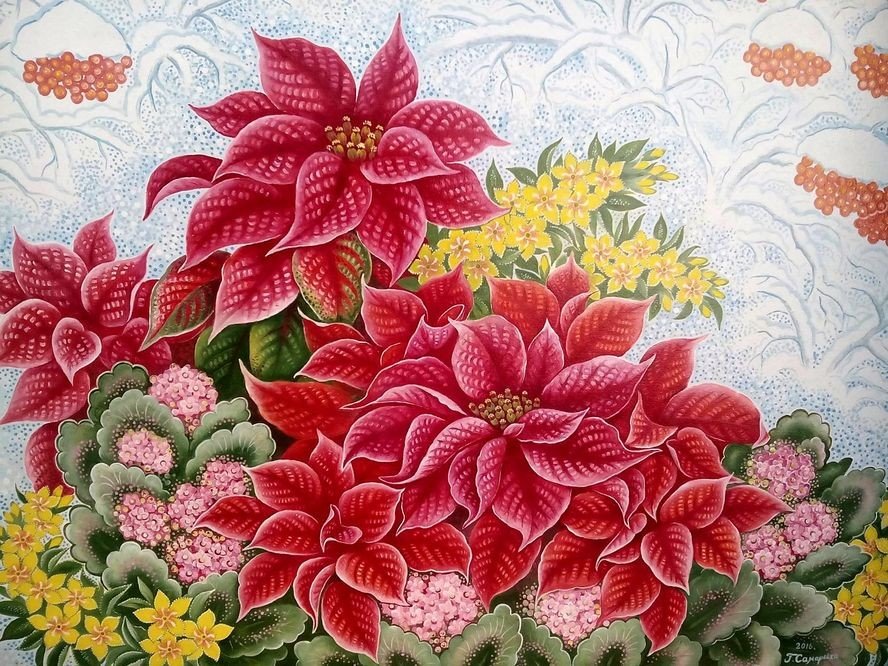 Зимние цветы - снег, цветы. рябина, зима - оригинал