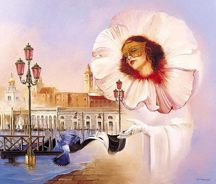 Тайны Венеции - город, маска, девушка, фонари - оригинал