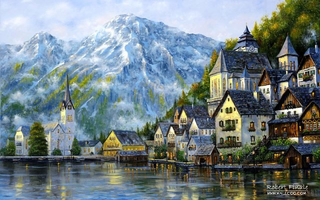 Прибрежный городок - море, отражение, город, горы. вечер. огни - оригинал